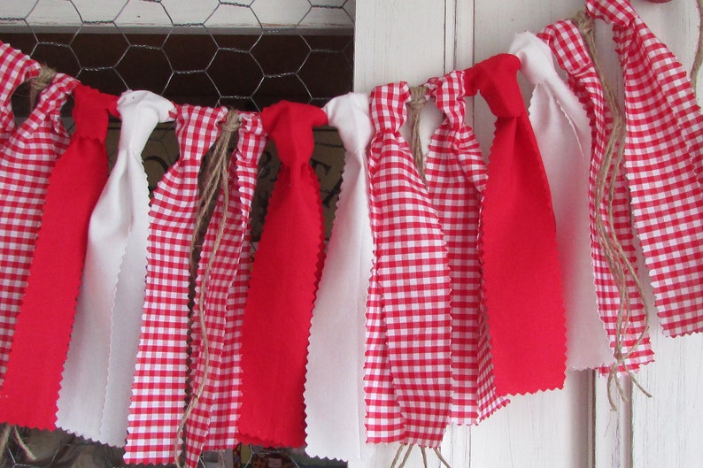 May include: A festive banner composed of alternating red, white, and red and white gingham fabric strips. The strips are tied to a natural twine, creating a rustic and charming decorative element. The banner is suitable for various celebrations.