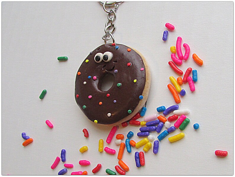 Donut Keychain, Donut Key Ring, Donut Bookbag Charm, Donut Charm, Doughnut Key Chain, Doughnut Charm Chocolate Donut Keychain Sprinkle Donut image 5