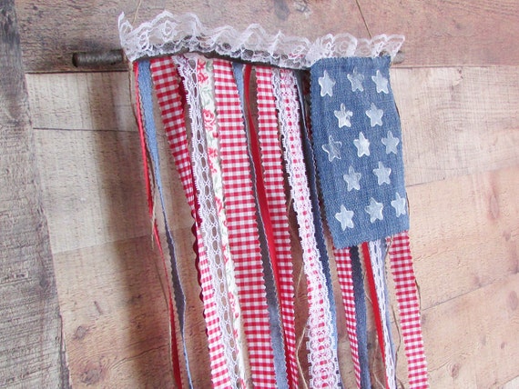 Ribbon U.S.A. Flag Rustic Americana Wall Hanging Red White and Blue Ribbon Flag Ribbon and Rag Wall Hanging Ribbon American Flag 4th of July Il_570xn