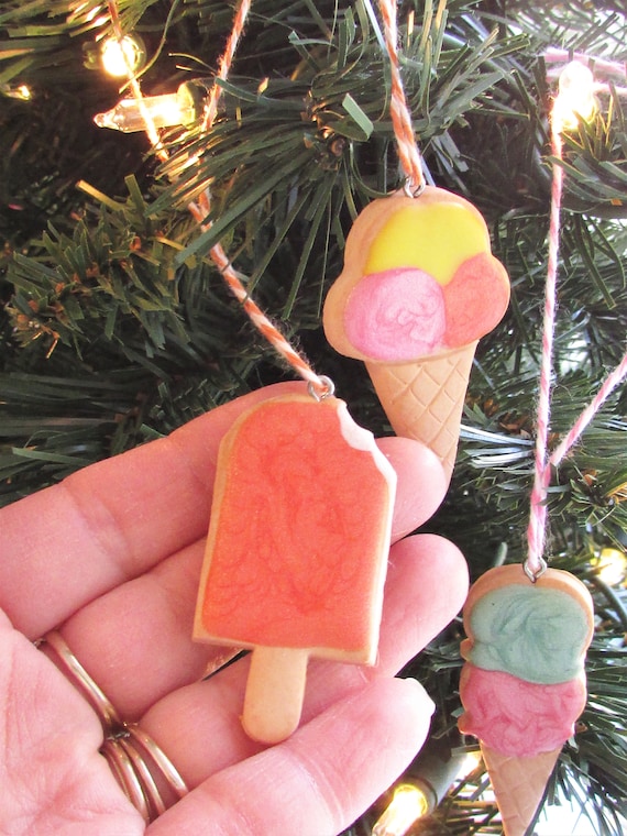 1 MINI Ice Cream Cone Shaped Sugar Cookie Ornament Summer Themed Mini Tree Ornament Food Carnival Snow Cone Twin Pop Popsicle Home Decor