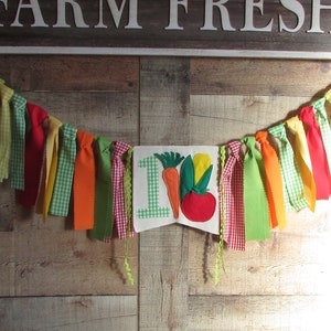 Farmer's Market High Chair Banner Highchair Decoration Vegetable Fabric Garland 1st Birthday Photo Prop Smash Cake Corn Carrot Tomato Garden image 2