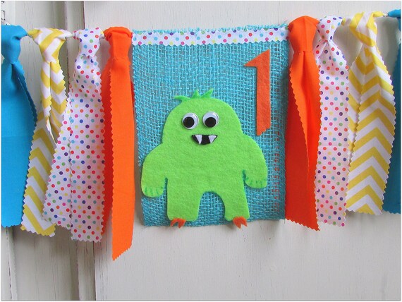 Monster High Chair Highchair Banner Fabric Garland First Birthday Photo Prop Smash Cake Little Monster Mini Monster Green Blue Orange Mash Il_570xn