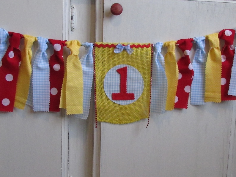 Blue Gingham Birthday Banner Red Blue Yellow High Chair Garland First Birthday Photo Prop Ruby Red Cake Smash Highchair Picnic Primary Color