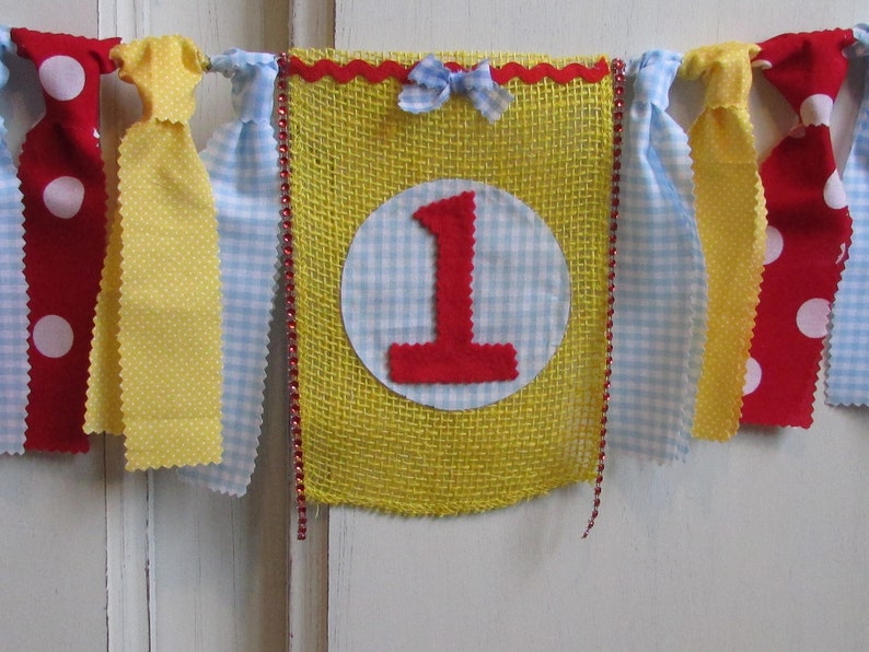 Blue Gingham Birthday Banner Red Blue Yellow High Chair Garland First Birthday Photo Prop Ruby Red Cake Smash Highchair Picnic Primary Color