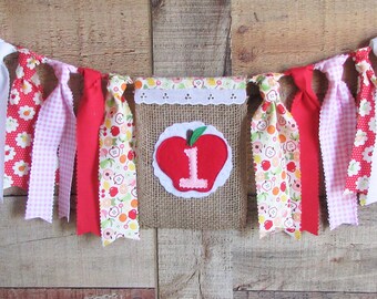 Apple Birthday Banner One First Birthday Girls Red Pink High Chair Highchair Fabric Garland Apple of My Eye Fruit Orchard Photo Prop Cake