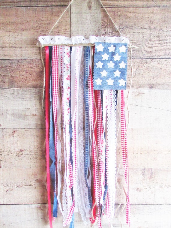 Ribbon U.S.A. Flag Rustic Americana Wall Hanging Red White and Blue Ribbon Flag Ribbon and Rag Wall Hanging Ribbon American Flag 4th of July Il_570xn