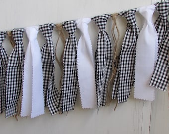 Black & White Gingham Garland Black White Rag Tie Fabric Banner I Do BBQ Couples Shower Country Picnic Wedding Birthday BBQ Party Race Car
