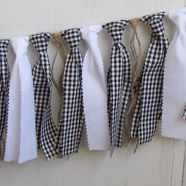 Black & White Gingham Garland Black White Rag Tie Fabric Banner I Do BBQ Couples Shower Country Picnic Wedding Birthday BBQ Party Race Car