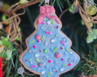 Blue and Pink Christmas Tree Cookie Ornament Sugar Cookie Ornament Frosted Ornament Bakery Baking Sugar Vanilla Butter Cookie Cut Out Cookie