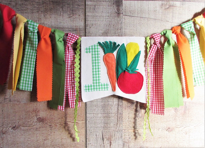 Farmer's Market High Chair Banner Highchair Decoration Vegetable Fabric Garland 1st Birthday Photo Prop Smash Cake Corn Carrot Tomato Garden image 3