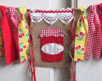 Cherry Farmers Market Banner High Chair Highchair Garland First Birthday Photo Prop Red Yellow Green Farm Gingham Mason Jar Cherry Jelly Jam