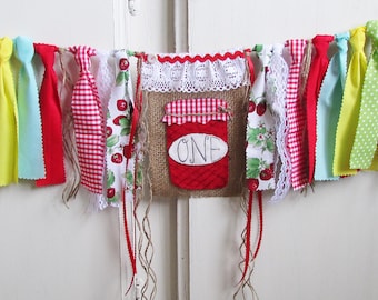 Strawberry Farmers Market Banner High Chair Highchair Garland First Birthday Photo Prop Red & Turquoise Yellow Green Farm Gingham Mason Jar