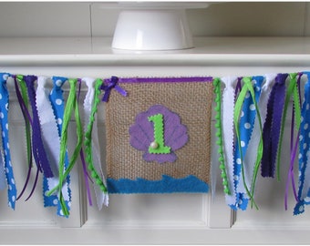 Sea Shell High Chair Highchair Banner First Birthday Photo Prop Smash Cake Under the Sea Green Purple Blue Girl Mermaid Party Mermaid Banner