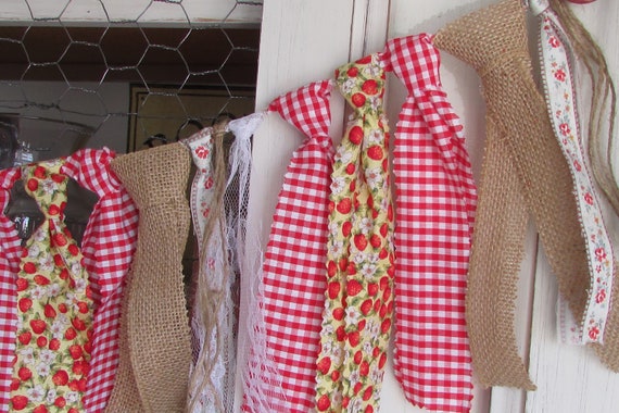 Vintage Strawberry Rag Tie Garland Pink Gingham Banner County Fair Farmers Market Shabby Chic Red Checkered Strawberry Party Lace Picnic Il_570xn