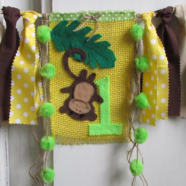 MONKEY High Chair Banner Monkey Birthday Party First Birthday Highchair Jungle Safari Zoo Party Sock Yellow Green Brown Wild One Circus Prop
