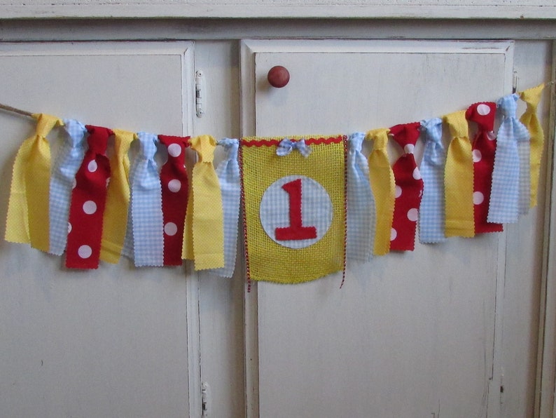 Blue Gingham Birthday Banner Red Blue Yellow High Chair Garland First Birthday Photo Prop Ruby Red Cake Smash Highchair Picnic Primary Color