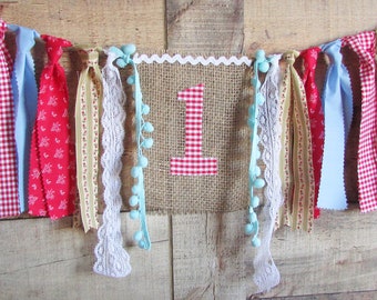 Farmers Market Birthday High Chair Banner Red Blue Pink Highchair Banner Gingham Straweberry County Fair Birthday Picnic Little Red BBQ One