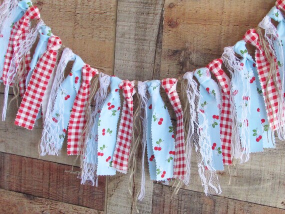 Cherry Rag Tie Garland Vintage Look Gingham Banner County Fair Farmers Market Shabby Chic Red Checkered Very Cherry Party Lace Picnic Blue Il_570xn