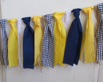 Navy & Yellow Fabric Banner Rag Tie Garland Photo Prop Navy and Yellow Wedding Theme Shower Graduation Shabby Chic Navy Gingham Sunflowers