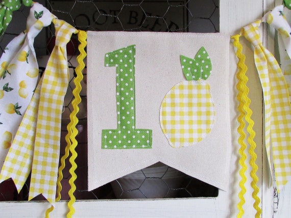 Lemon High Chair Banner Highchair Decoration Fabric Garland First Birthday Photo Prop Smash Cake Yellow Green Gingham Polka Dots Lemonade Il_570xn