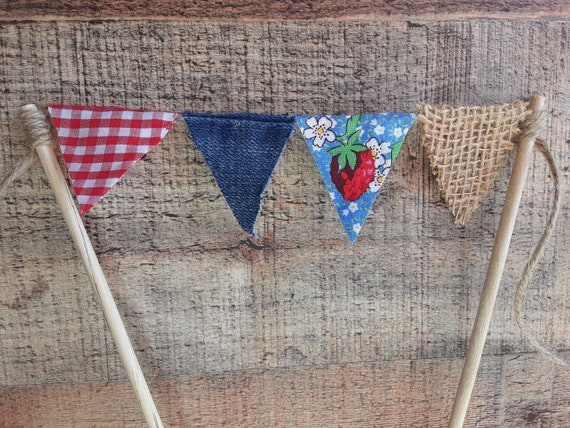 Strawberry Cake Topper Red White Gingham Cake Banner Bunting Pennant Check Checkered Farmers Market Picnic Backyard BBQ Berry Sweet County Il_570xn