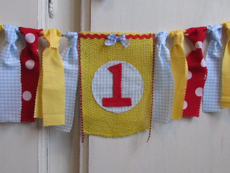 Blue Gingham Birthday Banner Red Blue Yellow High Chair Garland First Birthday Photo Prop Ruby Red Cake Smash Highchair Picnic Primary Color