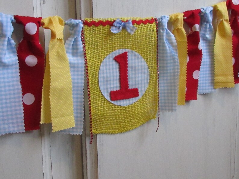 Blue Gingham Birthday Banner Red Blue Yellow High Chair Garland First Birthday Photo Prop Ruby Red Cake Smash Highchair Picnic Primary Color