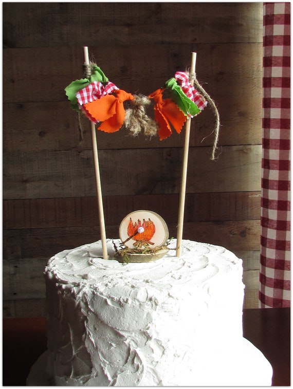 Camping Cake Topper Camp Camping Birthday Decor Orange Green Red Gingham Rustic Campfire Smores Marshmallow Custom Free Personalization Camp Il_570xn