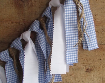 Blue & White Gingham Garland Babyq Banner Rag Tie Garland Picnic Rag Tie Banner Country Picnic Decor Picnic Birthday BBQ Party Fabric Banner
