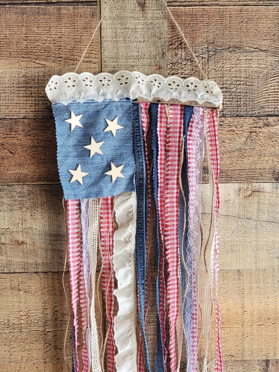 Ribbon U.S.A. Flag Rustic Americana Wall Hanging Red White and Blue Ribbon Flag Ribbon and Rag Wall Hanging Ribbon American Flag 4th of July