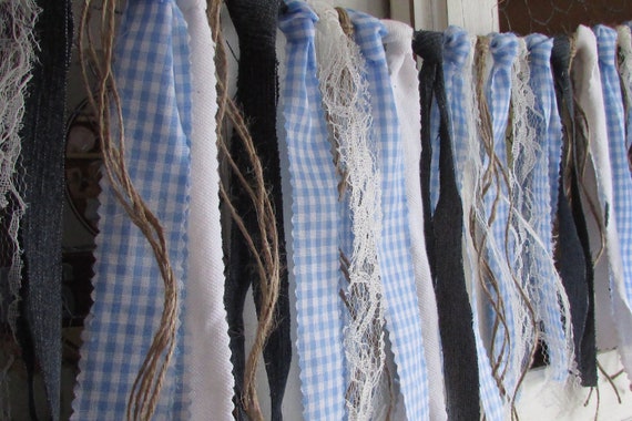Vintage Blueberry Rag Tie Garland Blue Gingham Banner County Fair Farmers Market Shabby Chic Blue Checkered Teddy Bear Picnic Lace Denim Il_570xn