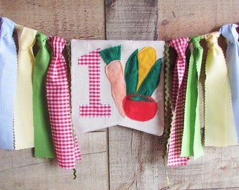 Farmer's Market High Chair Banner Highchair Decoration Vegetable Fabric Garland 1st Birthday Photo Prop Smash Cake Corn Carrot Tomato Garden