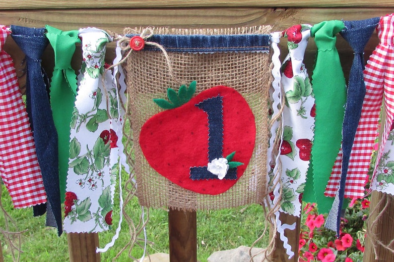Strawberry Birthday High Chair Banner Berry Sweet to be One First Birthday Photo Prop Cake Smash Gingham Farmers Market Picnic County Fair image 1