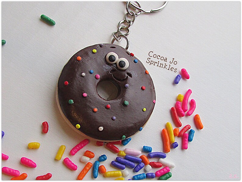 Donut Keychain, Donut Key Ring, Donut Bookbag Charm, Donut Charm, Doughnut Key Chain, Doughnut Charm Chocolate Donut Keychain Sprinkle Donut image 1