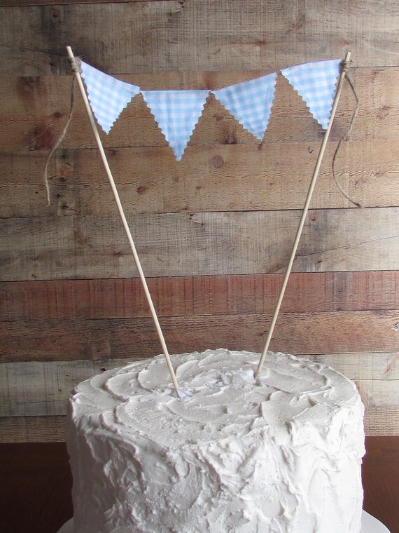 Blue Gingham Cake Topper Blue White Gingham Cake Banner Bunting Pennant Check Checkered Teddy Bear Picnic Dorothy Backyard BBQ Vintage Baby Il_570xn
