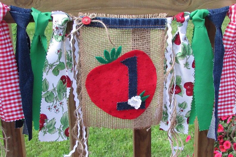 Strawberry Birthday High Chair Banner Berry Sweet to be One First Birthday Photo Prop Cake Smash Gingham Farmers Market Picnic County Fair image 6