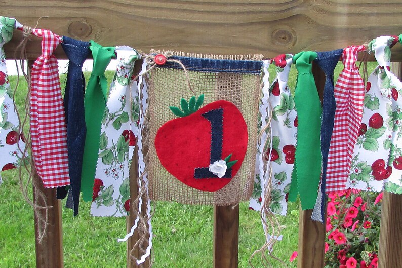 Strawberry Birthday High Chair Banner Berry Sweet to be One First Birthday Photo Prop Cake Smash Gingham Farmers Market Picnic County Fair image 4