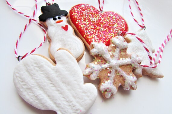 1 MINI Cookie Ornament Small Winter Valentines Ornaments Gift Sugar Cookie Cutouts Traditional Mini Tree Snowman Mitten Snowflake Decor Snow Il_570xn