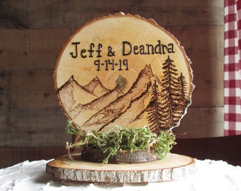 Mountain Wedding Cake Topper Mountain Wedding Woodland Wedding Wood Slice Wedding Cake Topper Personalized Wedding Cake Topper Forest Boho