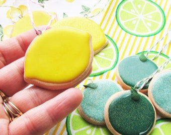 1 MINI Lemon or Lime Shaped Sugar Cookie Ornament Summer Themed Mini Tree Cookie Ornaments Food Baker Bakery Gift Home Decor Yellow or Green