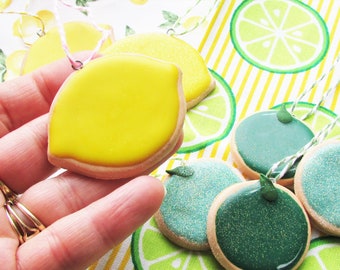 1 MINI Lemon or Lime Shaped Sugar Cookie Ornament Summer Themed Mini Tree Cookie Ornaments Food Baker Bakery Gift Home Decor Yellow or Green