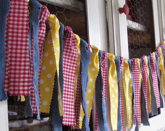 Picnic Party Garland Picnic Rag Tie Banner Red & White Gingham Garland Country Picnic Decor Birthday Backyard BBQ Red Yellow Babyq I Do BBQ