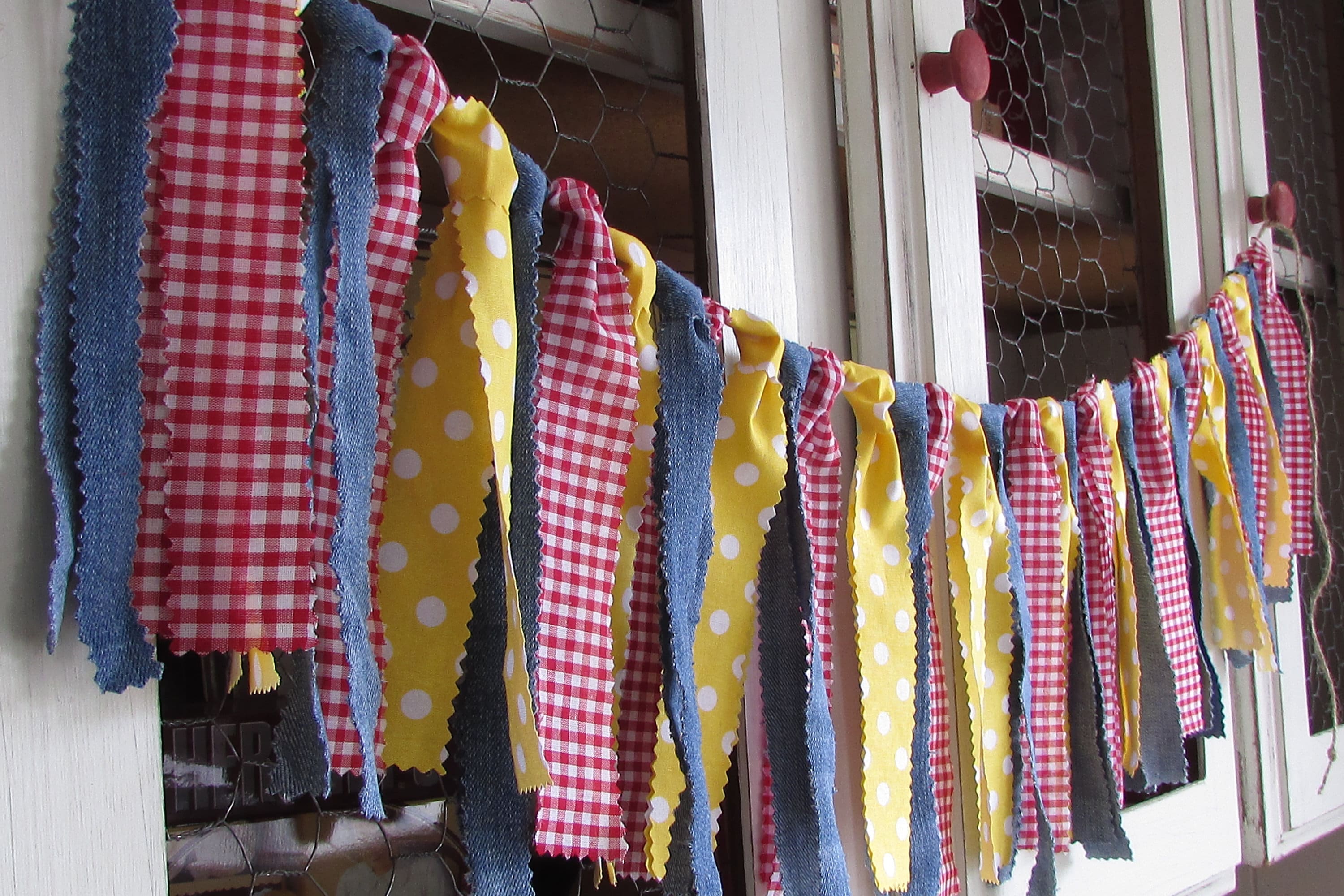 Picnic Party Garland Picnic Rag Tie Banner Red White Gingham Garland Country Picnic Decor Birthday Backyard BBQ Red Yellow