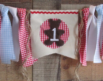 Teddy Bear Picnic High Chair Highchair Banner Teddy Bear Picnic First Birthday Photo Prop Red Gingham Red White and Blue Bear Theme Beary