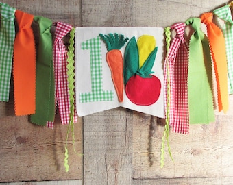 Farmer's Market High Chair Banner Highchair Decoration Vegetable Fabric Garland 1st Birthday Photo Prop Smash Cake Corn Carrot Tomato Garden