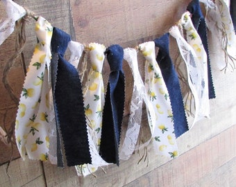 Lemon Rag Tie Garland Lemonade Photo Prop County Fair Farmers Market Shabby Chic Decor Lemonade Stand Lemon Lace Denim Vintage Fabric Summer