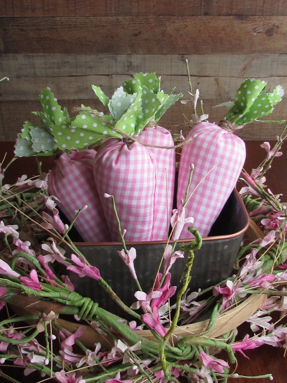 Fabric Carrots Pink Gingham Country Carrots Easter Spring Farmhouse Primitive Shabby Chic Bowl Fillers Tiered Tray Decor Sewn Polka Dots Il_570xn