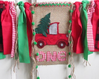 Christmas Tree Truck High Chair Banner Vintage Red Truck Christmas Tree Birthday Banner Photo Prop Highchair Garland Red Gingham Plaid Lil