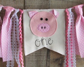 Pig Birthday Banner Pink Girl Farm Little Farmer is One 1st First Birthday High Chair Highchair Decor Photo Prop Smash Cake Barnyard Animals