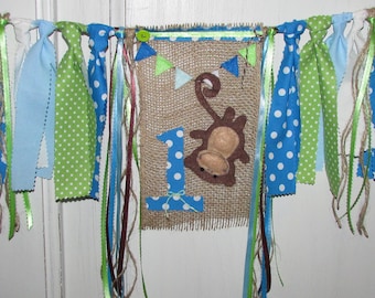 MONKEY High Chair Banner Monkey Birthday Party First Birthday Highchair Jungle Safari Zoo Party Sock Blue Green Brown Wild One Circus Prop